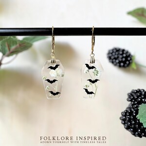 Dried Flower Bat Earrings | Floral Gothic Coffin Earrings | Witchy Pressed Flower Jewelry | Halloween Earrings | Cute Spooky Jewelry Gift Gold Huggie Hoop