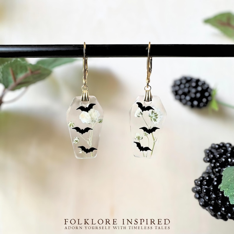 Dried Flower Bat Earrings | Floral Gothic Coffin Earrings | Witchy Pressed Flower Jewelry | Halloween Earrings | Cute Spooky Jewelry Gift Gold Huggie Hoop