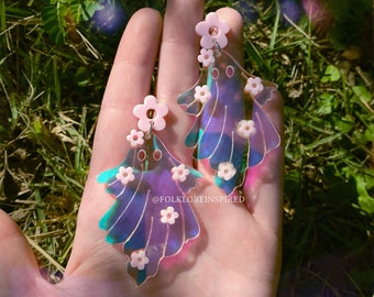 Cute Ghost Iridescent Earrings, Floral Ghost Earrings, Spooky Kawaii Ghosts, Optional Flower Power Studs or Stainless Steel Huggie Hoops