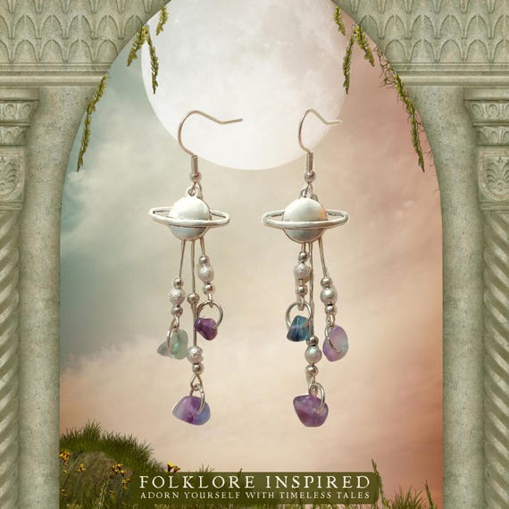Celestial Crystal Earrings, Saturn Orb Earrings, Rainbow Fluorite
