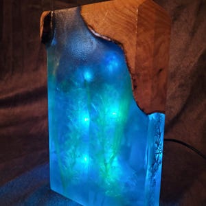 May include: A blue resin lamp with green accents and embedded lights. The lamp is mounted on a wooden base.