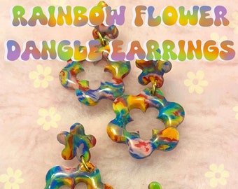 70's Rainbow Flower Dangle Stud Earrings