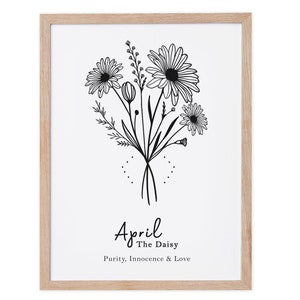 April Birth Flower Print, Personalized Birthday gift, Line Art Botanical print, April Zodiac gift, Daisy Floral Art, Sustainably Made In Ireland