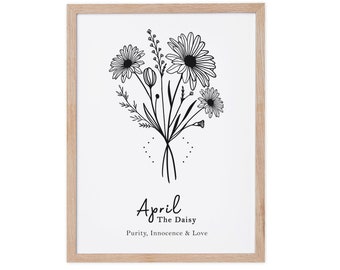 Lámina artística de la flor de nacimiento de abril: una margarita. Regalo de cumpleaños personalizado.