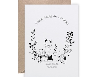 Tarjeta de felicitación para recién nacido con animales del bosque, regalo de bautizo irlandés, personalizada