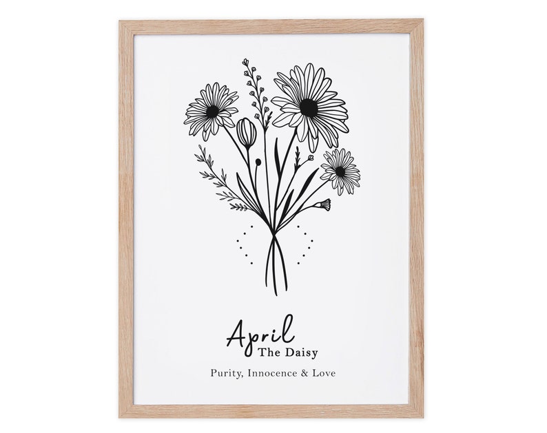 April Birth Flower Print, Personalized Birthday gift, Line Art Botanical print, April Zodiac gift, Daisy Floral Art, Sustainably Made In Ireland