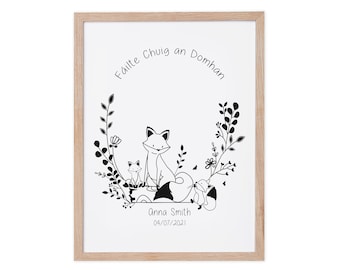 Bienvenido al mundo de los animales del bosque, regalo para bebé irlandés, arte en gaélico, idioma irlandés, lámina personalizada para recién nacido, decoración irlandesa para la habitación del bebé, hecho en Irlanda