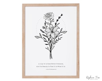 Lámina artística con ramo de lirios y rosas, cita inspiradora, fabricada de forma sostenible en Irlanda