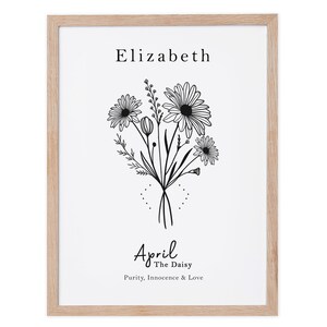 April Birth Flower Print, Personalized Birthday gift, Line Art Botanical print, April Zodiac gift, Daisy Floral Art, Sustainably Made In Ireland