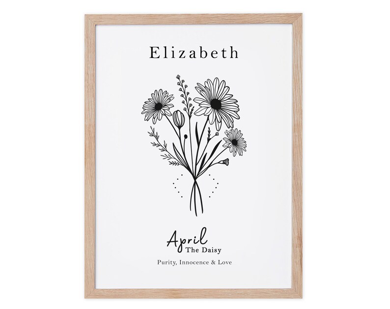 April Birth Flower Print, Personalized Birthday gift, Line Art Botanical print, April Zodiac gift, Daisy Floral Art, Sustainably Made In Ireland