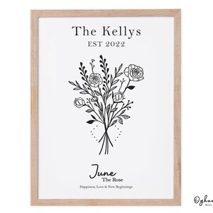 May include: A black and white printable art print with a floral bouquet design. The text "The Kellys EST 2022 June The Rose Happiness, Love & New Beginnings" is printed below the bouquet. The print is framed in a light wood frame.