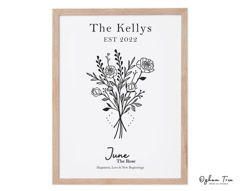 May include: A black and white printable art print with a floral bouquet design. The text "The Kellys EST 2022 June The Rose Happiness, Love & New Beginnings" is printed below the bouquet. The print is framed in a light wood frame.