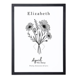 April Birth Flower Print, Personalized Birthday gift, Line Art Botanical print, April Zodiac gift, Daisy Floral Art, Sustainably Made In Ireland