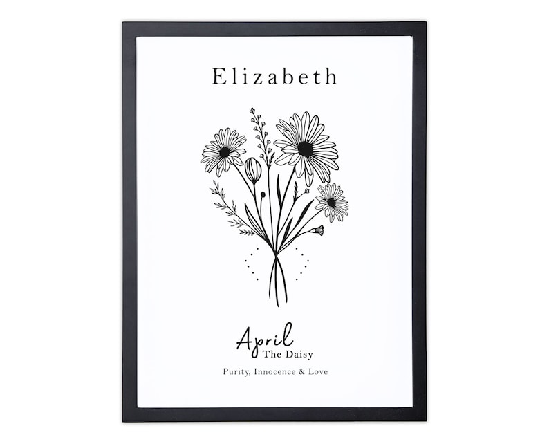 April Birth Flower Print, Personalized Birthday gift, Line Art Botanical print, April Zodiac gift, Daisy Floral Art, Sustainably Made In Ireland