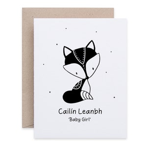 Baby-Irischer Fuchs Karte, Kinder irische Karten, irische Baby-Geschenke, Gaeilge Karte, irische Sprachkarte, personalisierte neue Babykarte, hergestellt in Irland