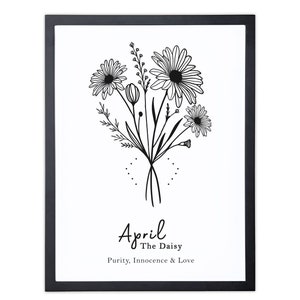 April Birth Flower Print, Personalized Birthday gift, Line Art Botanical print, April Zodiac gift, Daisy Floral Art, Sustainably Made In Ireland