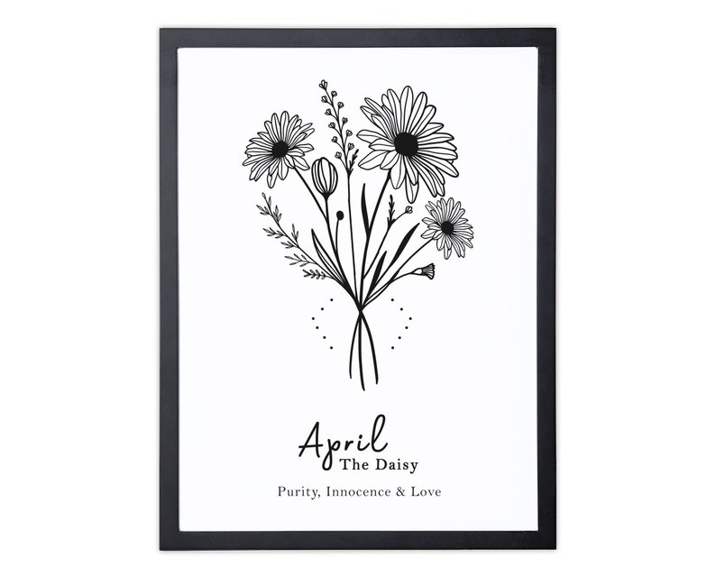 April Birth Flower Print, Personalized Birthday gift, Line Art Botanical print, April Zodiac gift, Daisy Floral Art, Sustainably Made In Ireland