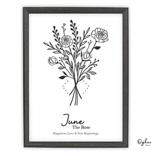 May include: Black and white line art print of a bouquet of roses with the text "June The Rose Happiness, Love & New Beginnings" and the logo "Ogham Tree Made in Ireland"