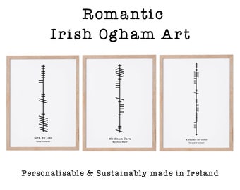 May include: Three framed prints with black and white Irish Ogham script, each with a different phrase in Irish and English. The phrases are "Love Forever", "My Soul Mate", and "The Pulse of My Heart".