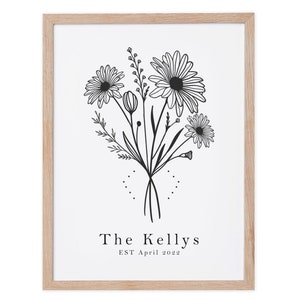 April Birth Flower Print, Personalized Birthday gift, Line Art Botanical print, April Zodiac gift, Daisy Floral Art, Sustainably Made In Ireland