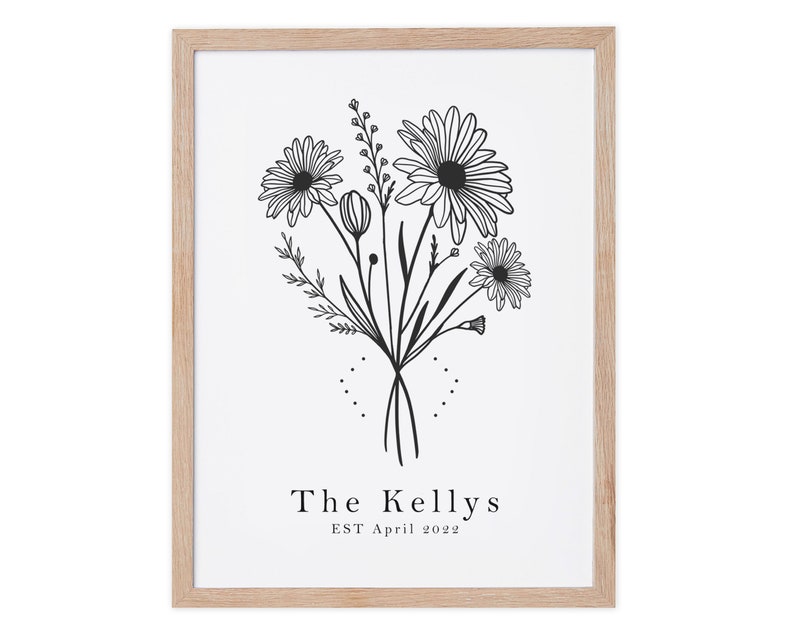 April Birth Flower Print, Personalized Birthday gift, Line Art Botanical print, April Zodiac gift, Daisy Floral Art, Sustainably Made In Ireland