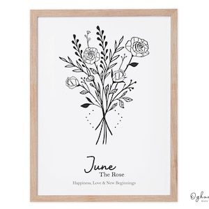 May include: Black and white line art print of a bouquet of roses with the text "June The Rose Happiness, Love & New Beginnings" and the logo "Ogham Tree Made in Ireland"