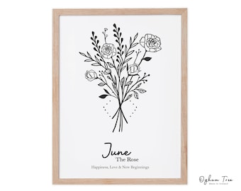 Estampado de ramo de rosas, flor de nacimiento de junio, arte del zodiaco Géminis