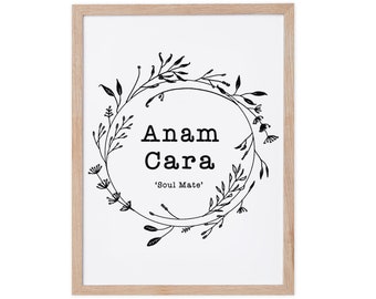 Lámina artística irlandesa «Anam Cara, alma gemela» – Arte mural de amor celta – Decoración romántica con corona floral – Obra de arte irlandesa artesanal – Hecho en Irlanda