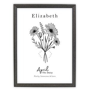 April Birth Flower Print, Personalized Birthday gift, Line Art Botanical print, April Zodiac gift, Daisy Floral Art, Sustainably Made In Ireland