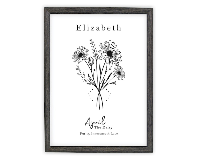 April Birth Flower Print, Personalized Birthday gift, Line Art Botanical print, April Zodiac gift, Daisy Floral Art, Sustainably Made In Ireland
