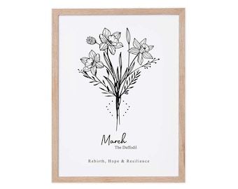 Lámina con la flor de nacimiento de marzo, dibujo lineal de narciso, regalo del signo zodiacal Piscis