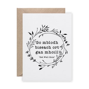 Tarjeta irlandesa "Mejórate pronto", "Mejórate pronto Irlanda", "Mejórate pronto" en irlandés, tarjeta para un amigo, hecha de forma sostenible en Irlanda.