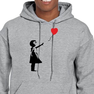 Banksy Girl With Love Balloon Hoodie Vintage Sweatshirt Banksy Street Artist Inspired Art T-Shirt Hood Pullover Modern Street Graffiti Art Grey Hoodie