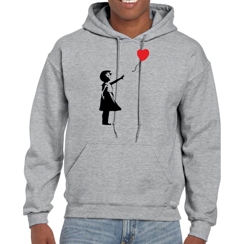 Banksy Girl With Love Balloon Hoodie Vintage Sweatshirt Banksy Street Artist Inspired Art T-Shirt Hood Pullover Modern Street Graffiti Art Grey Hoodie