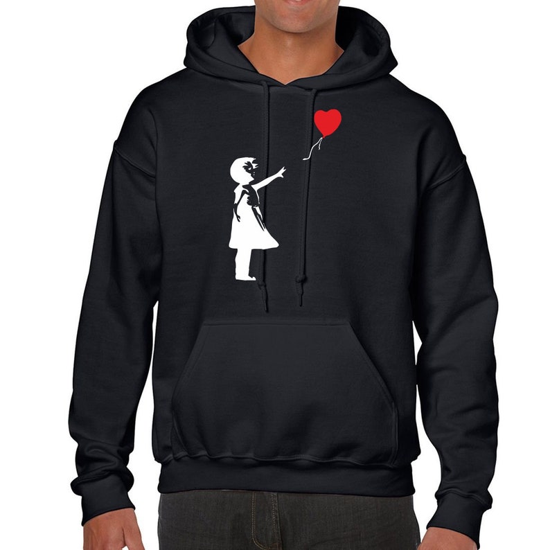 Banksy Girl With Love Balloon Hoodie Vintage Sweatshirt Banksy Street Artist Inspired Art T-Shirt Hood Pullover Modern Street Graffiti Art Black Hoodie