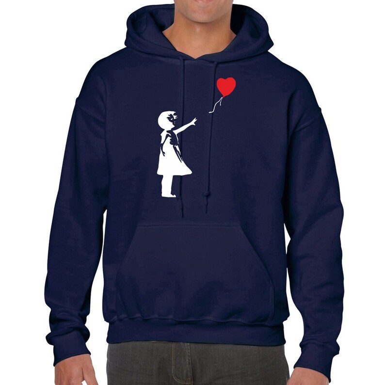 Banksy Girl With Love Balloon Hoodie Vintage Sweatshirt Banksy Street Artist Inspired Art T-Shirt Hood Pullover Modern Street Graffiti Art Navy Hoodie