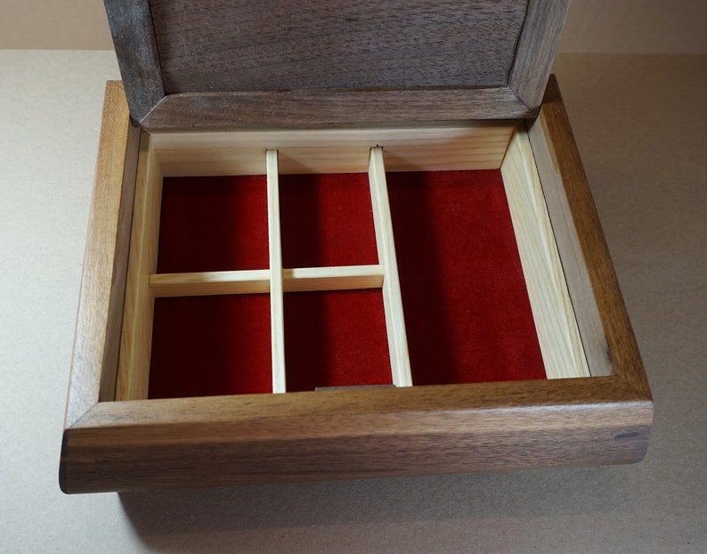 Black Walnut Jewelry Box with Walnut Burl Lid and Red Velvet Lining Wooden Jewelry Box with dividers