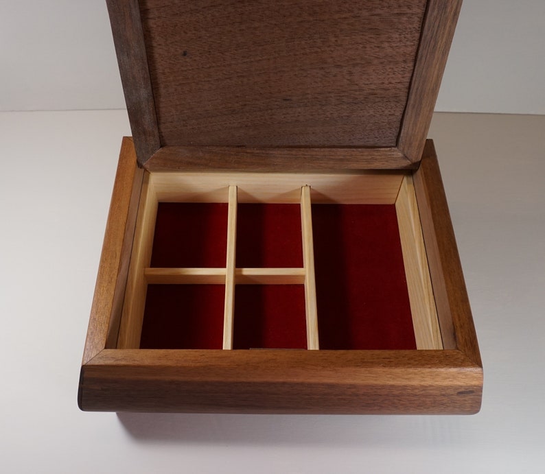 Black Walnut Jewelry Box with Walnut Burl Lid and Red Velvet Lining Wooden Jewelry Box with dividers