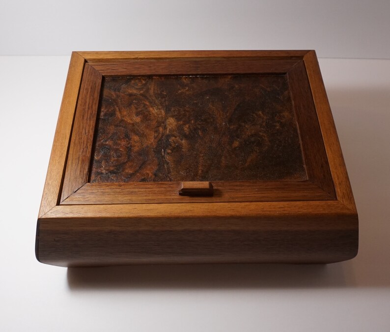 Black Walnut Jewelry Box with Walnut Burl Lid and Red Velvet Lining Wooden Jewelry Box with dividers