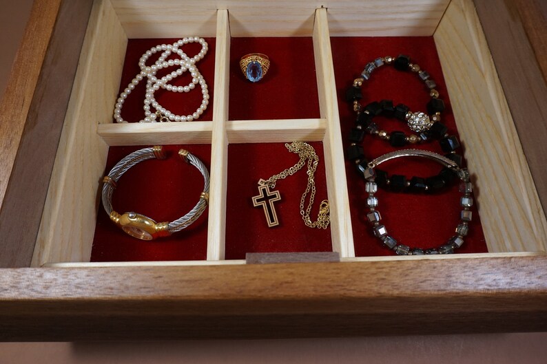 Wooden Jewelry Box with dividers Black Walnut Jewelry Box with Walnut Burl Lid and Red Velvet Lining