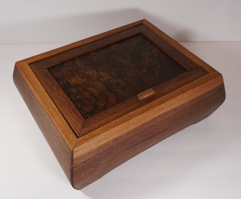 Black Walnut Jewelry Box with Walnut Burl Lid and Red Velvet Lining Wooden Jewelry Box with dividers