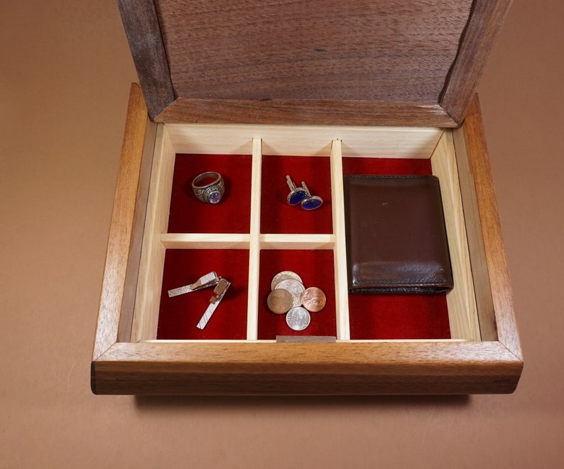 Wooden Jewelry Box with dividers Black Walnut Jewelry Box with Walnut Burl Lid and Red Velvet Lining