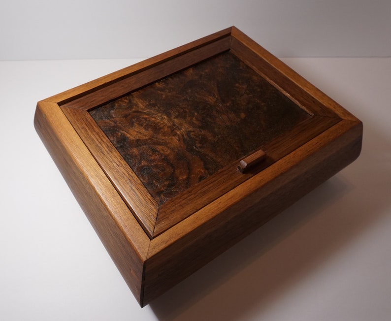 Black Walnut Jewelry Box with Walnut Burl Lid and Red Velvet Lining Wooden Jewelry Box with dividers
