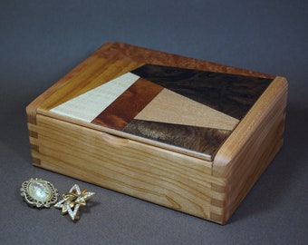 Cherry Keepsake Box with Marquetry Lid and Suede Lining