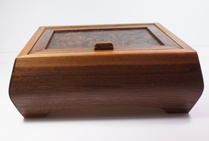 Wooden Jewelry Box with dividers Black Walnut Jewelry Box with Walnut Burl Lid and Red Velvet Lining