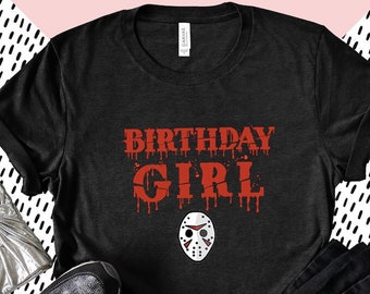 Camiseta gráfica Voorhees con letras rojas para cumpleaños de niña de cumpleaños para adultos