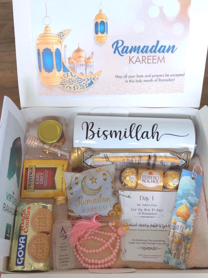 Ramadan Gift Box for Her | Islamic Self Care Set with Dates, Honey, Dua Cards & Bismillah Tumbler | Eid Gift Box for Mom or Friend Box2:with Prayer Mat