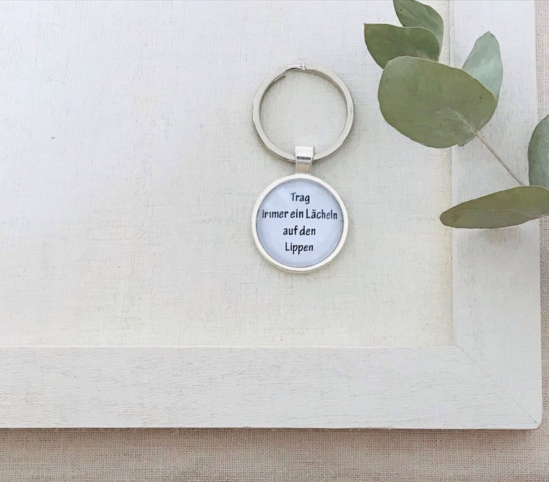 Keychain pocket pendant glass cabochon saying silver color handmade gift accessory smile lips Valentine/'s Day Easter