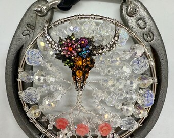 Lucky Horseshoe Tree of Life (Czech and Glass Crystals, Natural Shell & a Metal Charm) on Used Texas Rodeo Horseshoe