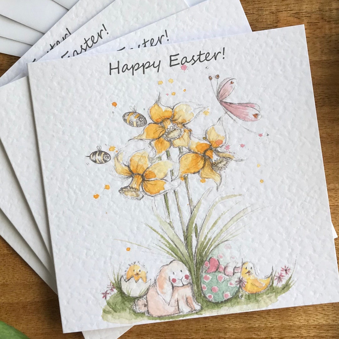 4 Daffodil Easter Cards Easter Bunny Cards Watercolour Etsy